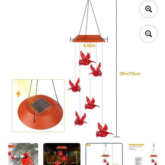 Bundle of 2 Solar Cardinal Red Bird Wind Chime Lights, LED - Picture 4 of 6